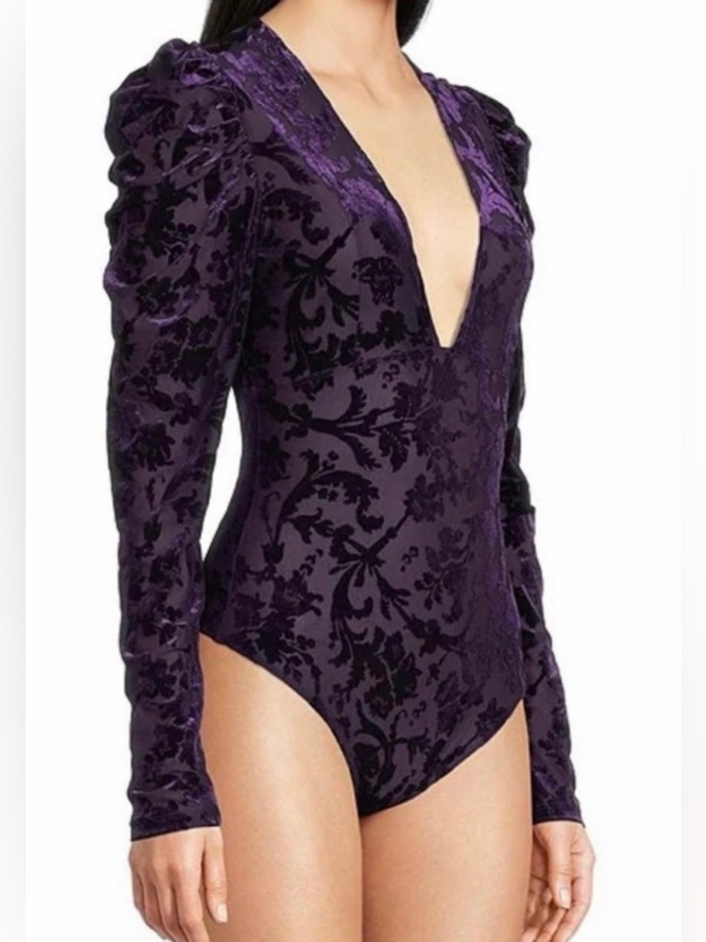 Free People Magic Hour Velvet Deep V-Neck Puffed Sleeve Bodysuit